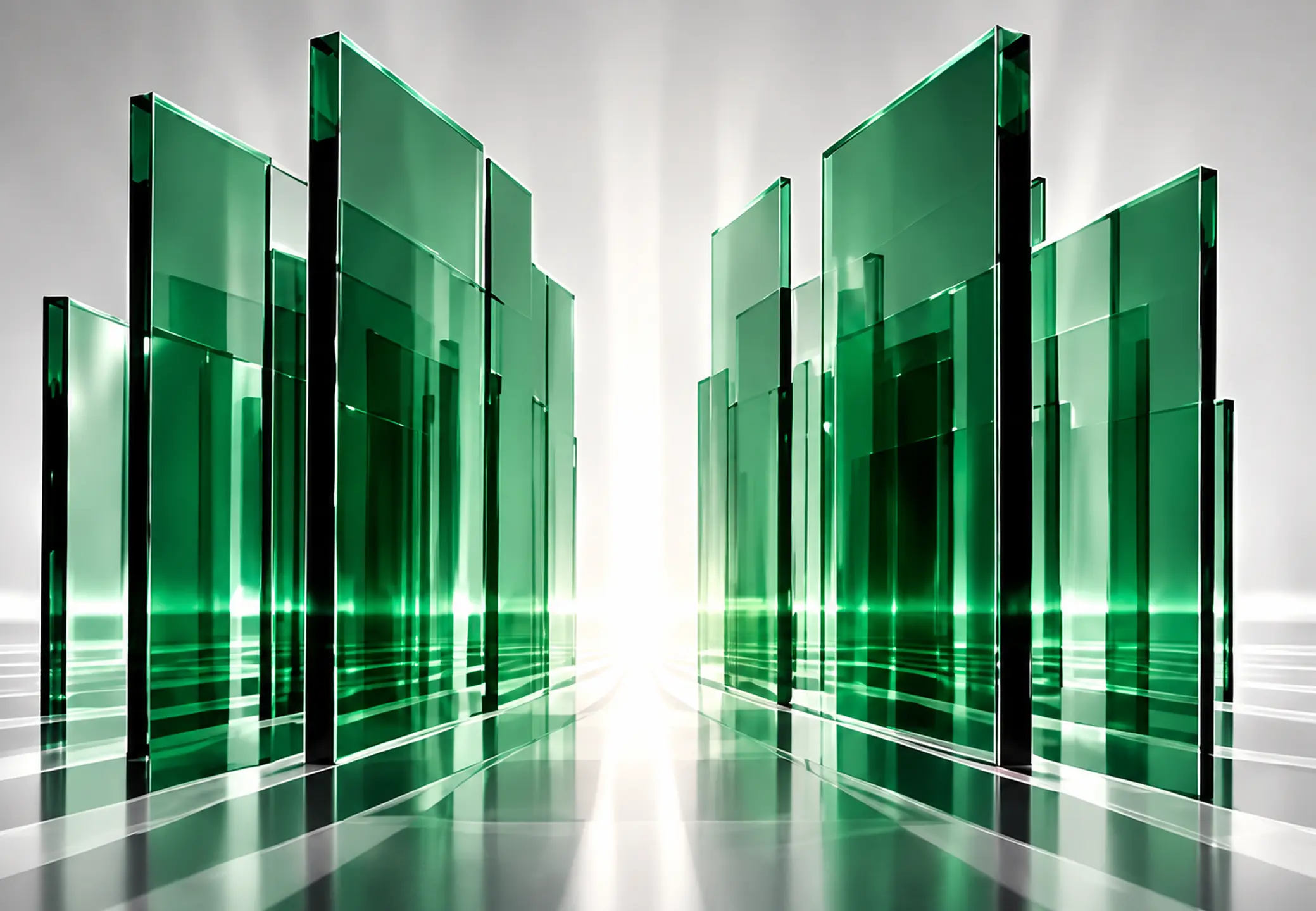 Emerald glass panels arranged around an open center