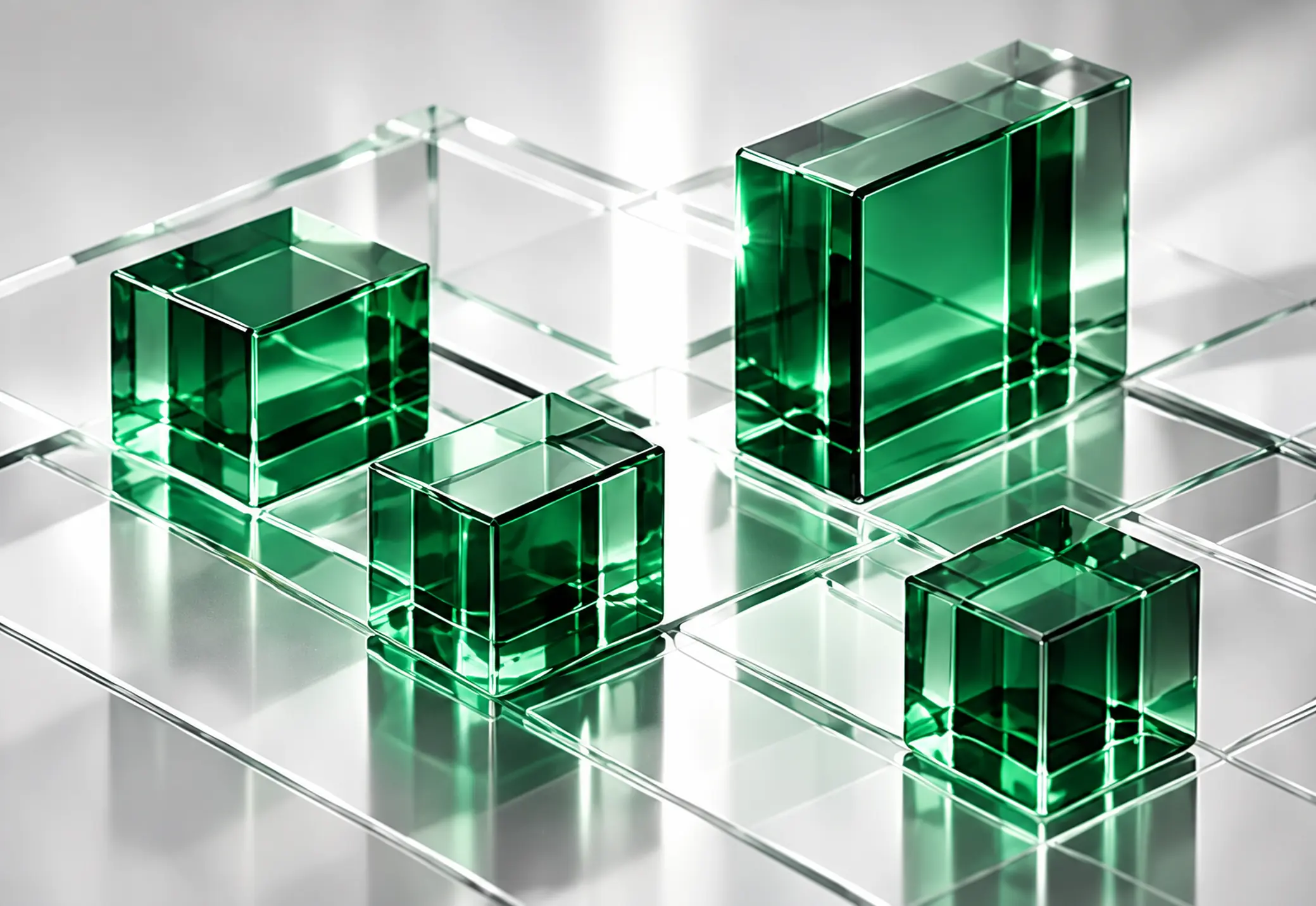 Transparent emerald objects on structured glass planes