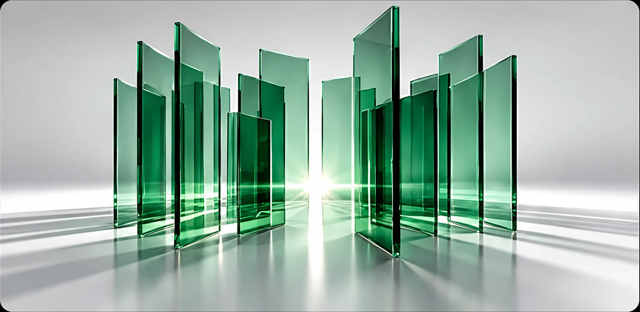 Upright emerald glass panels around an open space